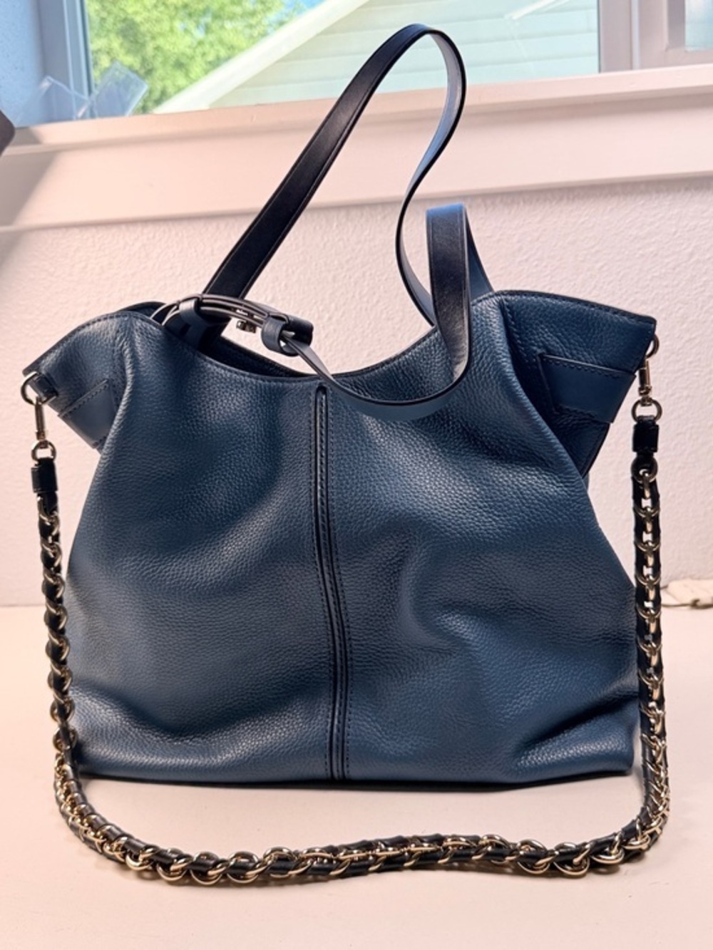 Michael Kors Blue Pebbled Leather Large Tote Shoulder Bag Chain Strap purse